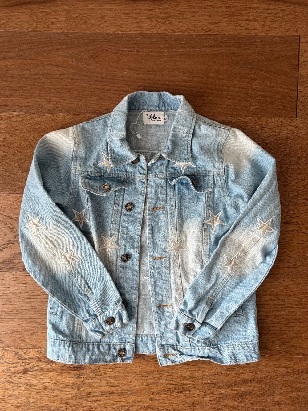 Lola & The Boys Light Wash Distressed Jean Jacket with White Stars - Size 12